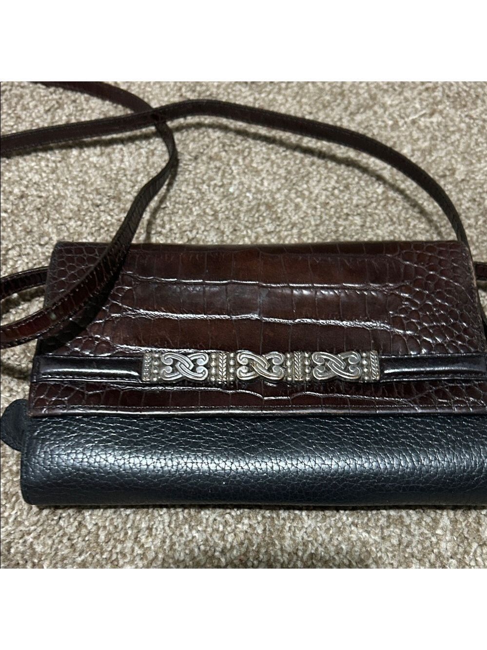 Brighton Two-Toned Crocodile Embossed Leather Brown & Black Crossbody Bag